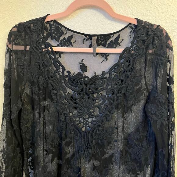 XCVI Black Lace Mesh Tunic Top XS Sheer Bell Sleeves Whimsigoth Dark Romantic - Picture 3 of 10